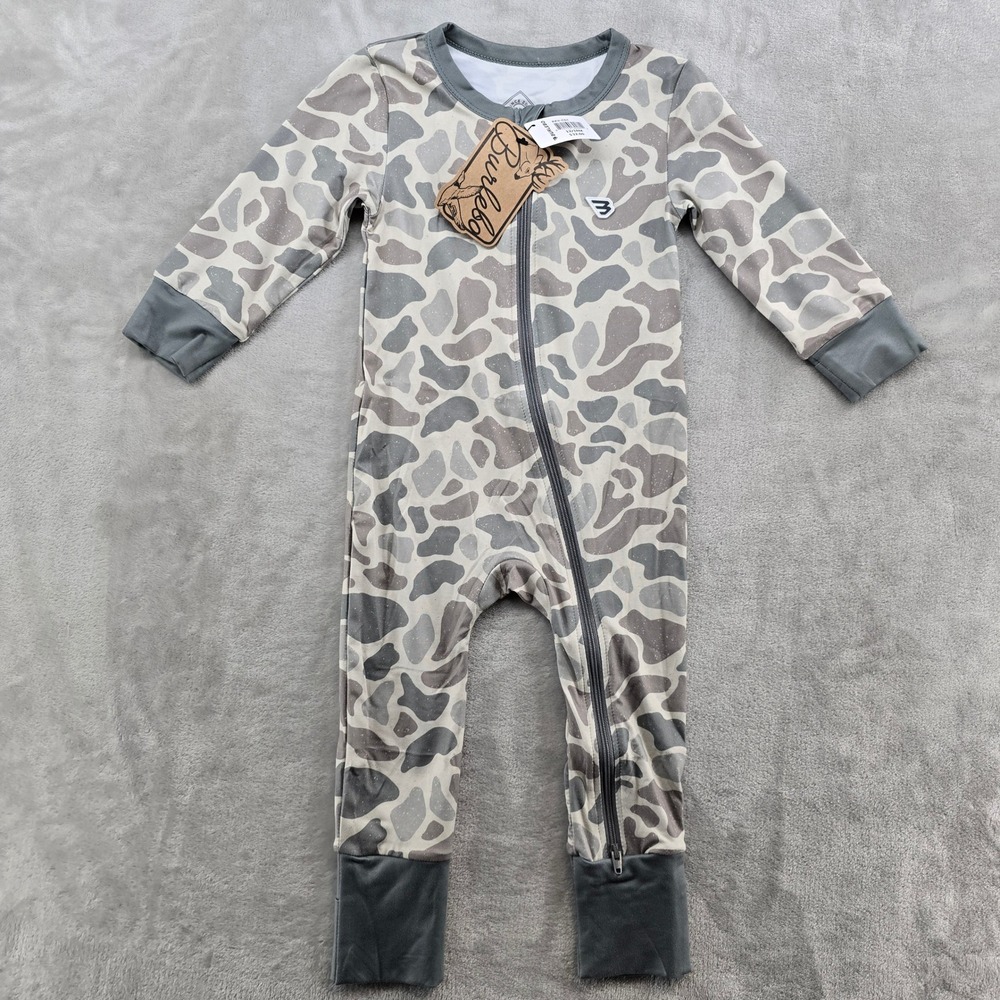Burlebo Baby Zip Up - Classic Deer Camo 12/18M Gray Stretch One Piece